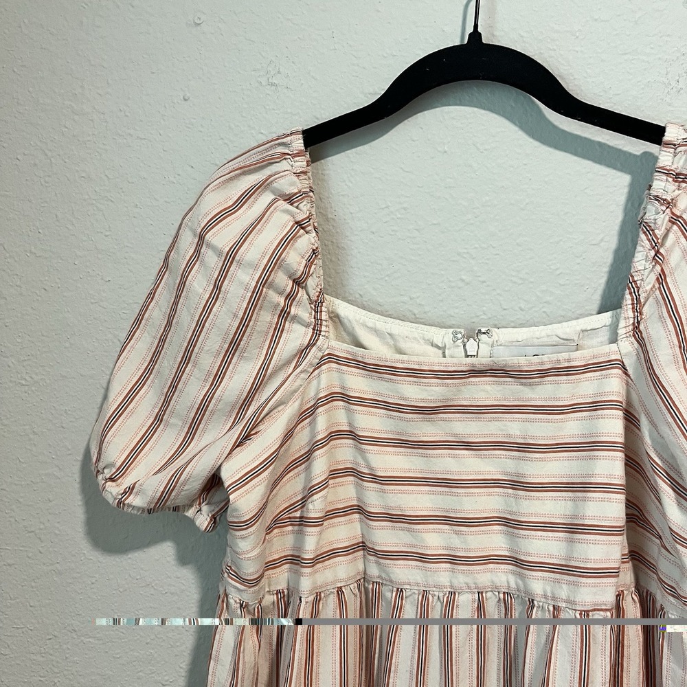 LOFT Women's Mini Dress Size 2 Red Pink Striped Puff Sleeve Babydoll Summery - Picture 4 of 13